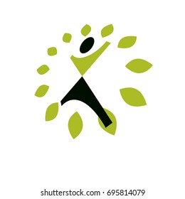 Vector illustration of happy abstract human with reaching up. Go green idea creative logo. Vegetarian theme icon. Wellness and harmony symbol.