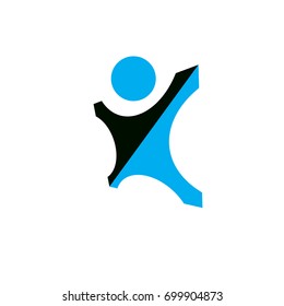 Vector illustration of happy abstract human with reaching up.	Liberty conceptual logotype. Happiness metaphor logo. Business innovation idea creative symbol.