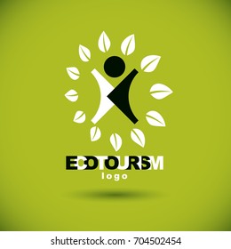 Vector illustration of happy abstract human with reaching up. Ecotourism conceptual logo. Environmental conservation theme icon. Green ecology metaphor.