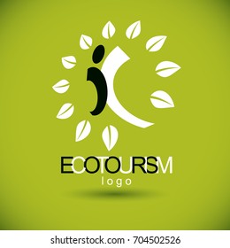 Vector illustration of happy abstract human with reaching up. Ecotourism conceptual logo. Green tourism symbol. Wanderlust and countryside vacation icon.
