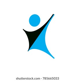 Vector illustration of happy abstract human with reaching up. Liberty conceptual logotype. Happiness metaphor logo. Business innovation idea creative symbol.