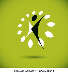 Vector illustration of happy abstract individual with raised hands up. Go green idea creative logo. Healthy lifestyle metaphor. Environmental conservation theme symbol.