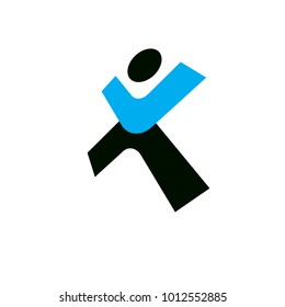Vector illustration of happy abstract individual with raised hands up. Successful business career abstract logo. Corporate development icon. Freedom creative symbol.