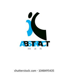 Vector illustration of happy abstract individual with raised hands up. Successful business career emblem. Corporate development logotype. Freedom creative icon.