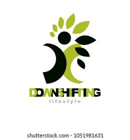 Vector illustration of happy abstract individual with raised hands up. Downshifting concept logo. Vegetarian theme symbol. Green ecology metaphor.