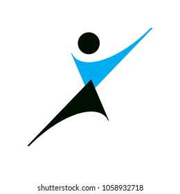 Vector illustration of happy abstract individual with raised hands up. Successful business career abstract icon. Corporate development logo. Freedom creative logotype.