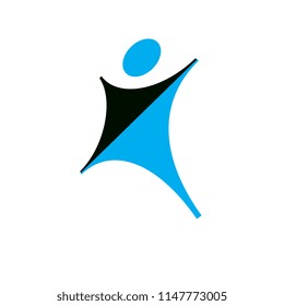 Vector illustration of happy abstract individual with raised hands up. Liberty conceptual logo. Happiness metaphor symbol. Business innovation idea creative logotype.