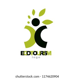 Vector illustration of happy abstract individual with raised hands up. Ecotourism conceptual logo. Green tourism symbol. Wanderlust and countryside vacation icon.