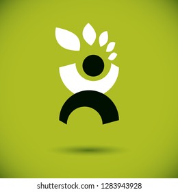 Vector illustration of happy abstract individual with raised hands up. Go green idea creative logo. Ecotourism conceptual icon. Downshifting symbol.