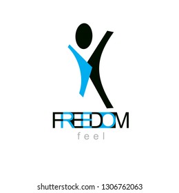 Vector illustration of happy abstract individual with raised hands up. Liberty conceptual icon. Happiness metaphor emblem. Business innovation idea creative logotype.