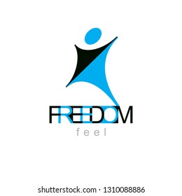Vector illustration of happy abstract individual with raised hands up. Liberty conceptual emblem. Happiness metaphor logotype. Business innovation idea creative symbol.