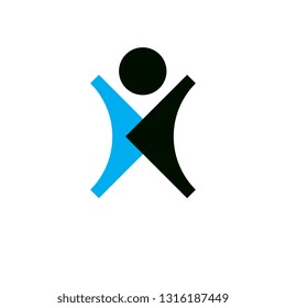 Vector illustration of happy abstract individual with raised hands up. Liberty conceptual logo. Happiness metaphor icon. Business innovation idea creative symbol.
