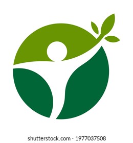 Vector illustration of happy abstract individual with raised hands up and green leaf. Wellness and harmony symbol. gardening and countryside vacation icon.