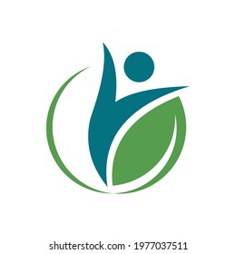 Vector illustration of happy abstract individual with raised hands up and green leaf. Wellness and harmony symbol. gardening and countryside vacation icon.