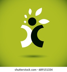 Vector illustration of happy abstract individual with raised hands up. Go green idea creative logo. Healthy lifestyle metaphor. Vegetarian theme icon.