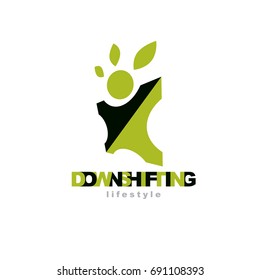 Vector illustration of happy abstract individual with raised hands up. Downshifting concept logo. Vegetarian theme symbol. Green ecology metaphor.


