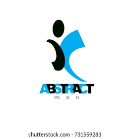 Vector illustration of happy abstract individual with raised hands up. Successful business career logotype. Corporate development symbol. Freedom creative emblem.