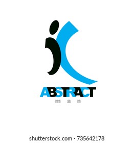 Vector illustration of happy abstract individual with raised hands up. Successful business career symbol. Corporate development logo. Freedom creative logotype.