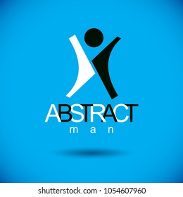 Vector illustration of happy abstract  man with raised reaching up. Successful business career emblem. Corporate development symbol. Freedom creative logo.