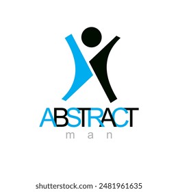 Vector illustration of happy abstract  man with raised reaching up. Successful business career emblem. Corporate development symbol. Freedom creative logo.