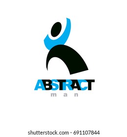 Vector illustration of happy abstract  man with raised reaching up. Successful business career emblem. Corporate development symbol. Freedom creative logo.