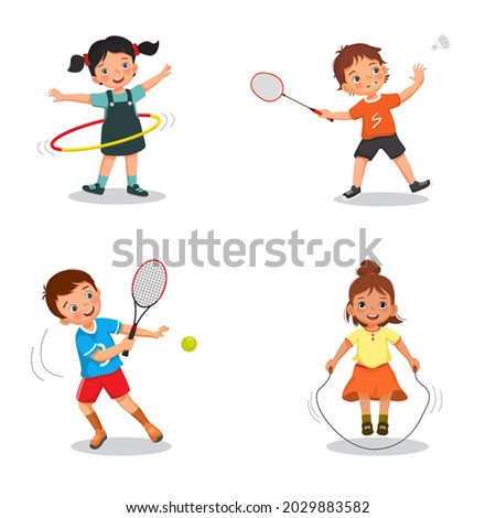 Vector illustration of happy and active children playing various sports activities, like hula hoop, badminton, tennis ball with racket, and jumping rope. Kids doing healthy physical exercises.