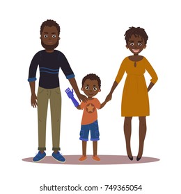 Vector illustration of happy african american family with disabled boy. Father, mother and son with arm prosthesis standing together.