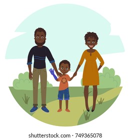 Vector illustration of happy african american family with handicapped disabled kid boy. Disability is amputee. Father, mother and son with arm prosthesis standing together.