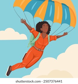 Vector illustration happy african woman jumping with parachute. Skydiver soars in clouds. Extreme sport. Flat style postcard