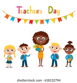 Vector illustration of happy african-american teacher with flower and pupils in cartoon style isolated on white. Happy teacher's day card.