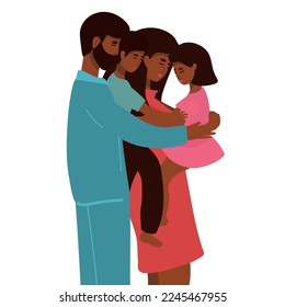 Vektorgrafik einer glücklichen afro-amerikanischen Familie, Mutter-Vater-Tochter-Sohn, der Händen hält und umarmt, vollständige wohlhabende Familie Vektorgrafik