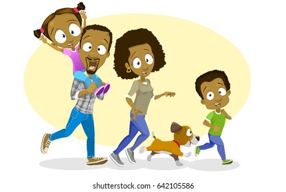 Vector illustration of happy afro american family running and having fun together. Family portrait with the dog