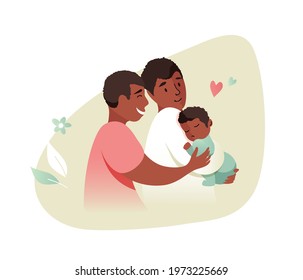 Vector Illustration Of Happy Afro-American Gay Male Couple Holding Adopted Baby Son In Arms. Lesbian and Gay Parents concept.