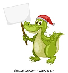 Vector Illustration of a Happy Alligator. Cute Cartoon Crocodile with a Red Christmas Hat Isolated on a White Background. Happy Animals Set
