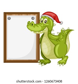Vector Illustration of a Happy Alligator. Cute Cartoon Crocodile with a Red Christmas Hat Isolated on a White Background. Happy Animals Set