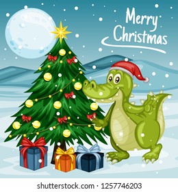 Vector Illustration of a Happy Alligator Next to Christmas Tree. Green Crocodile Wearing a Christmas Hat. Cute Cartoon Alligator Cheering On Winter Background. Happy Animals Set