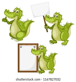 Vector Illustration of a Happy Alligator Set. Cute Cartoon Alligators  in Different Poses Isolated on a White Background. Happy Animals Set. Alligator Holding a Banner, Cheering