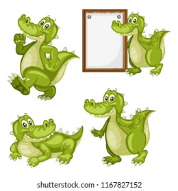Vector Illustration of a Happy Alligator Set. Cute Cartoon Alligators  in Different Poses Isolated on a White Background. Happy Animals Set. Alligator Walking, Dancing, Holding a Banner, Lying