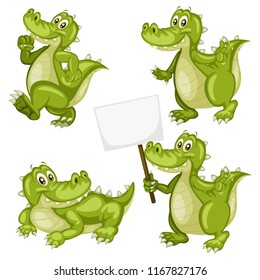 Vector Illustration of a Happy Alligator Set. Cute Cartoon Alligators  in Different Poses Isolated on a White Background. Happy Animals Set. Alligator Walking, Dancing, Holding a Banner, Lying