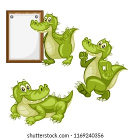 Vector Illustration of a Happy Alligator Set. Cute Cartoon Alligators  in Different Poses Isolated on a White Background. Happy Animals Set. Alligator Walking, Holding a Banner, Lying