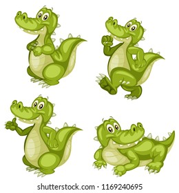 Vector Illustration of a Happy Alligator Set. Cute Cartoon Alligators  in Different Poses Isolated on a White Background. Happy Animals Set. Alligator Walking, Cheering, Lying