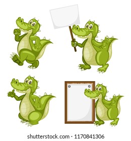 Vector Illustration of a Happy Alligator Set. Cute Cartoon Alligators  in Different Poses Isolated on a White Background. Happy Animals Set. Alligator Walking,  Holding a Banner, Cheering