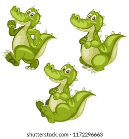 Vector Illustration of a Happy Alligator Set. Cute Cartoon Alligators  in Different Poses Isolated on a White Background. Happy Animals Set. Alligator Walking, Sitting, Cheering