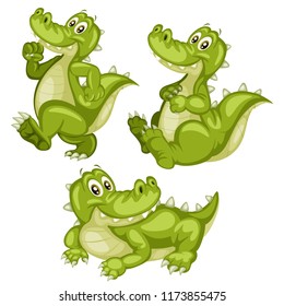 Vector Illustration of a Happy Alligator Set. Cute Cartoon Alligators  in Different Poses Isolated on a White Background. Happy Animals Set. Alligator Walking, Lying, Sitting