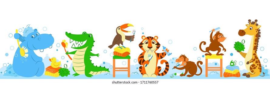 Vector illustration of happy animales friends  washing in the morning. African animales in the morning. 