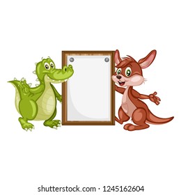 Vector Illustration of Happy Animals. Cute Cartoon Alligator and Kangaroo Holding Text Placement Banners Isolated on a White Background. Happy Animals Set