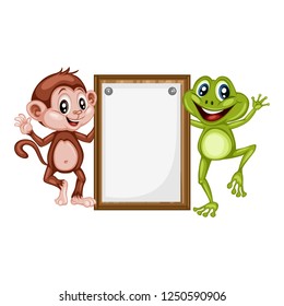 Vector Illustration of Happy Animals. Cute Cartoon Monkey and Frog Holding Text Placement Banners Isolated on a White Background. Happy Animals Set