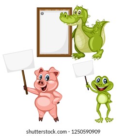 Vector Illustration of Happy Animals. Cute Cartoon Alligator, Pig, Frog Holding Text Placement Banners Isolated on a White Background. Happy Animals Set