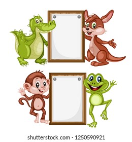 Vector Illustration of Happy Animals. Cute Cartoon Alligator, Kangaroo, Monkey and Frog Holding Text Placement Banners Isolated on a White Background. Happy Animals Set