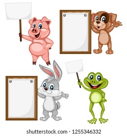 Vector Illustration of Happy Animals. Cute Cartoon Pig, Dog, Rabbit, Frog Holding Text Placement Banners Isolated on a White Background. Happy Animals Set